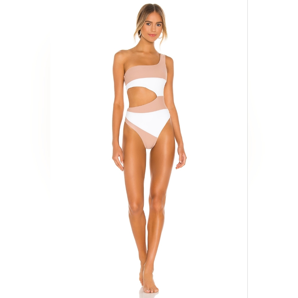 Camila Coelho One-Shoulder Cutout One-Piece Swimsuit in Nude and White
